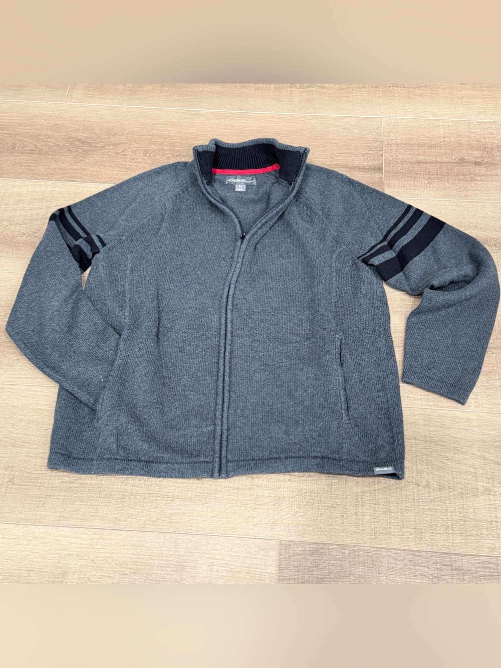 Eddie Bauer Mens Large Gray Black Striped Cotton Full Zip Cardigan Pockets‎ Dad